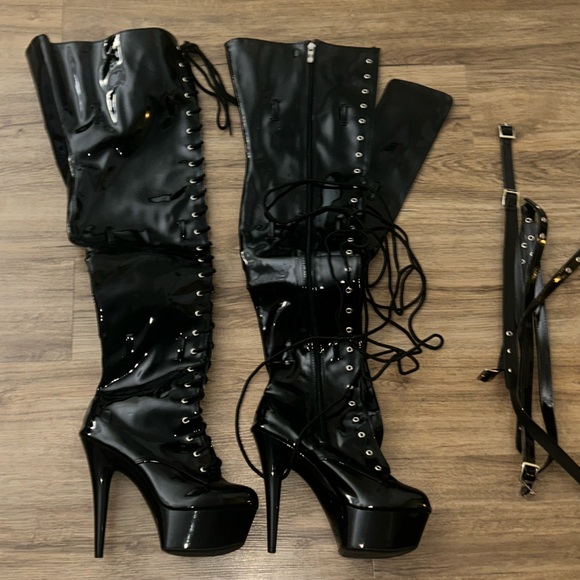 Shoes - Black Patent Lace-Up Thigh-High Platform Heels